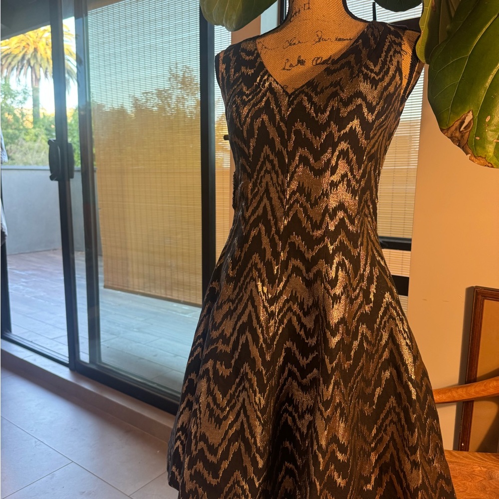 Vince Camuto Black and Gold Zigzag Fit-and-Flare Mini Dress